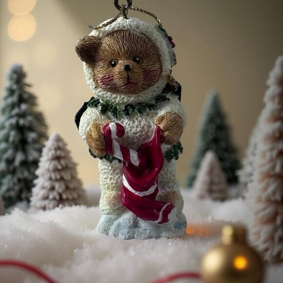 Set of 3 Sparkly Snow Suit Teddy Bear Ornaments 1990s Glittered Resin Christmas - Picture 4 of 12
